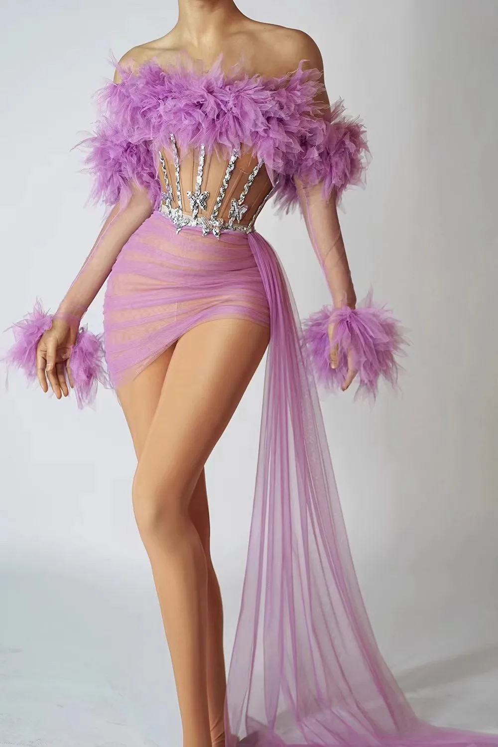 Robe de queue de fleur en maille pour femme, tenues de performance sexy, violet, vert, boîte de nuit, chanteur de bar, scène, danse, fête, spectacle, nouveau