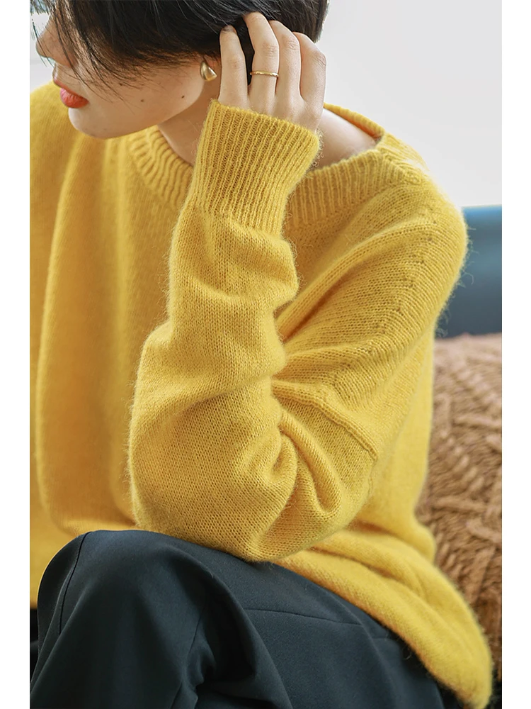 

Loose Lazy Hair Yellow Knitted Sweater Simple round Ne Thin Woolen Autumn New Arrival Casual Sle Long Sve Women'...