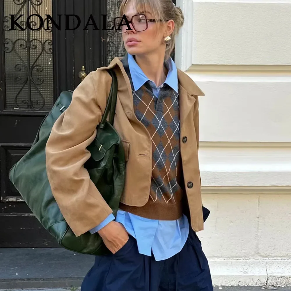 KONDALA 2025 Otoño Invierno Vintage cuadros mujeres POLO camisas moda elegante Jersey de punto marrón señoras camisas elegantes