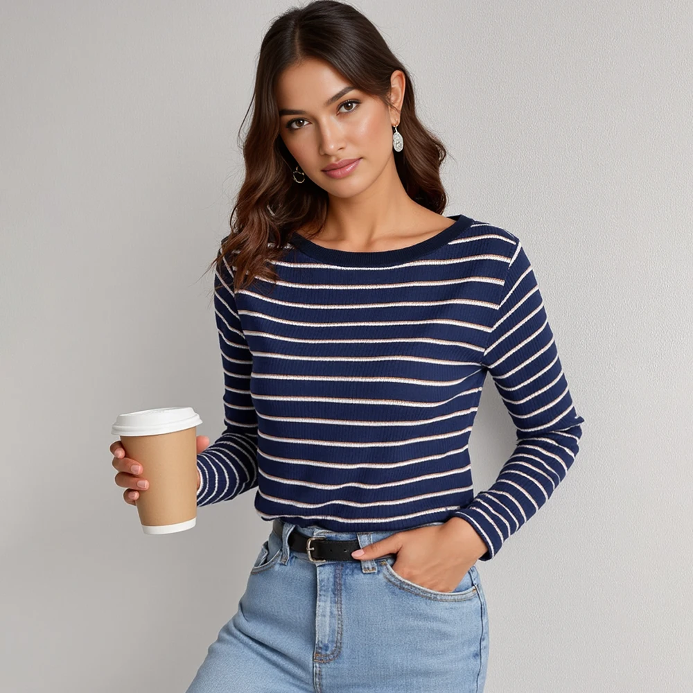 

Mia Muse женские осенние футболки повседневные базовые контрастные цветные полоски с длинными рукавами и круглым вырезом повседневные футболки