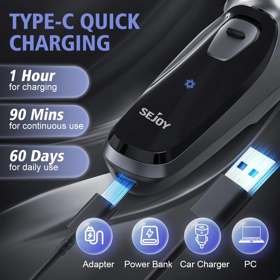 ماكينة حلاقة كهربائية دوارة من Sejoy للرجال من النوع C قابلة لإعادة الشحن ماكينة حلاقة اللحية للاستخدام الرطب والجاف ماكينة قص الشعر