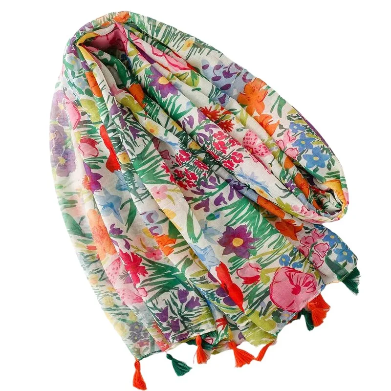 Lightweight Scarf Women Spring Summer Soft Bali Yarn Floral Print Fringe Shawl Wrap Fresh Color Sun Protection