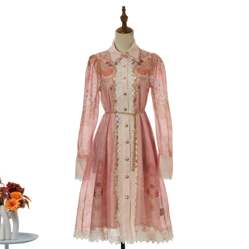 

Ele Street Sle Long Sve Lace Collar Print irt ort Skirt Dr High Waist Velvet Material Casual Spring Dr