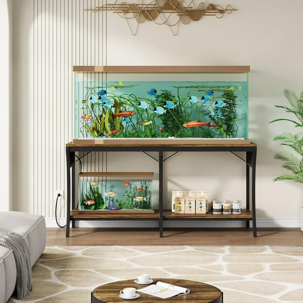 

55-90 Gallon Fish Tank Stand, 2-Tier with LED Light & Power Outlets – Metal Frame for Aquarium or Reptile Use
