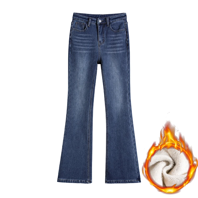 Dames Winter Fleece Jeans Mode Koreaanse Skinny Elastische Uitlopende Broek Dikker Slanke Pluche Fluwelen Vrouwelijke Denim Broek Zwart Blauw