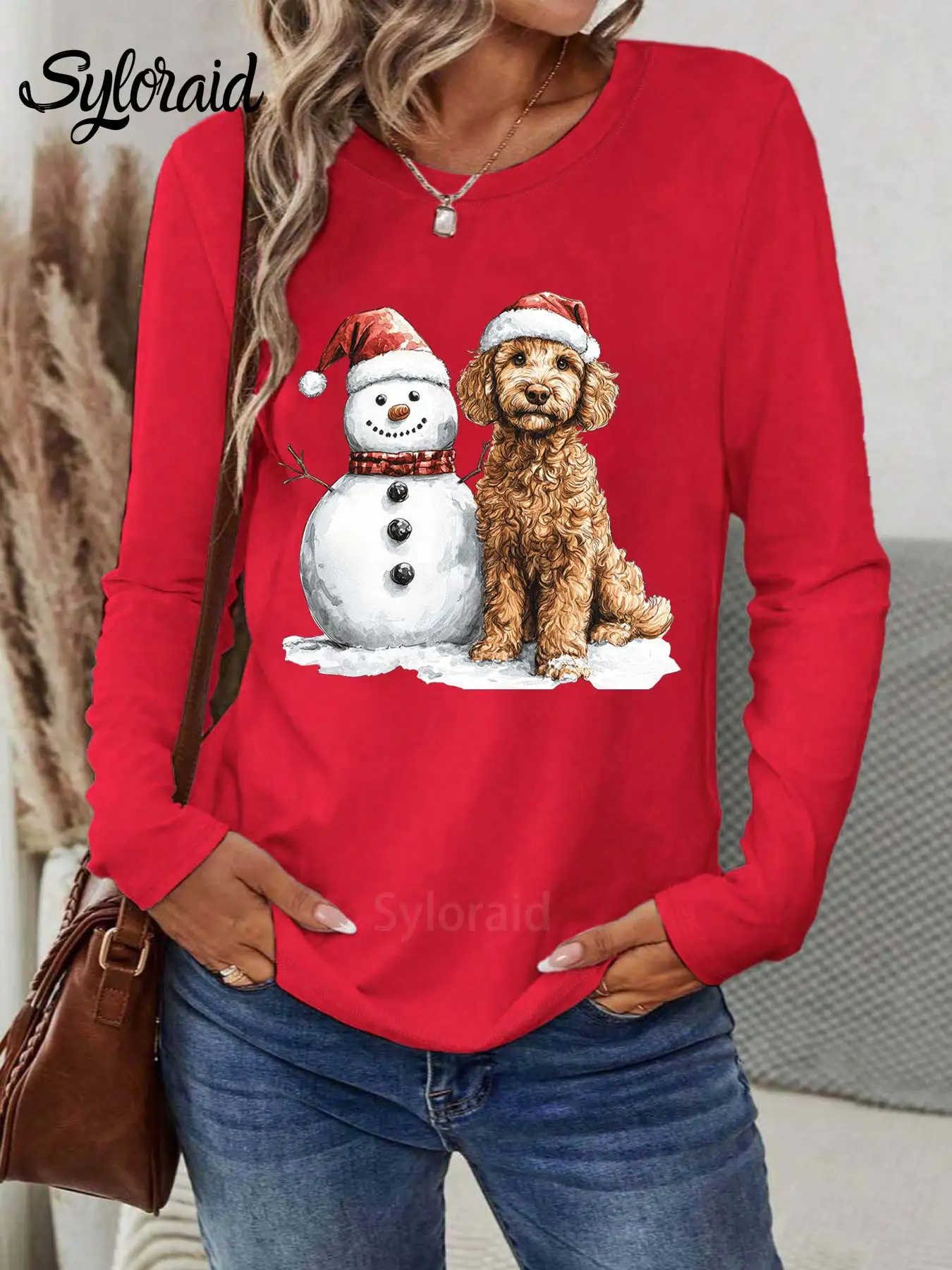 تي شيرت نسائي بأكمام طويلة تي شيرت كريسماس جولدندوودل ورجل الثلج جرافيك تي شيرت كاجوال برقبة دائرية #3