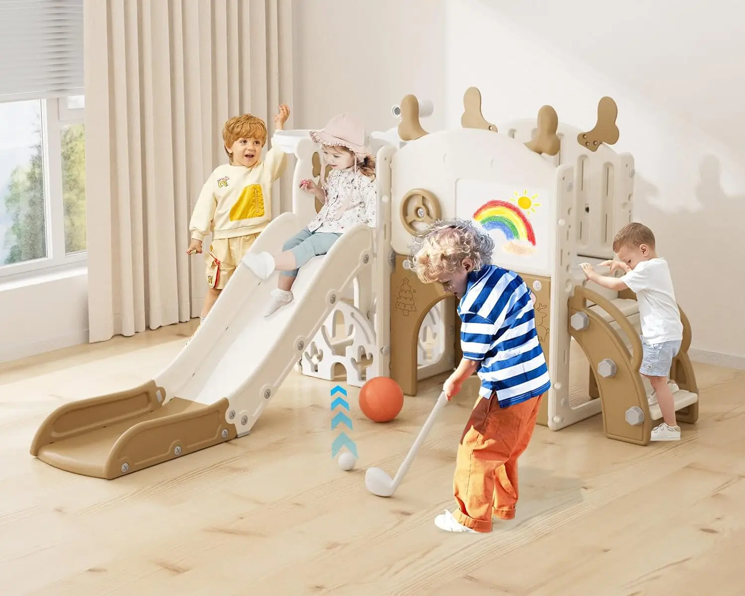 12 in 1 Kids Slide for Toddlers, Toddler Slide Playset with Golf, Drawing Board, Climber, Basketball Hoop and Storage Space, Indoor Outdoor Toddler Playground for Kids Age 1-3 (Brown)
