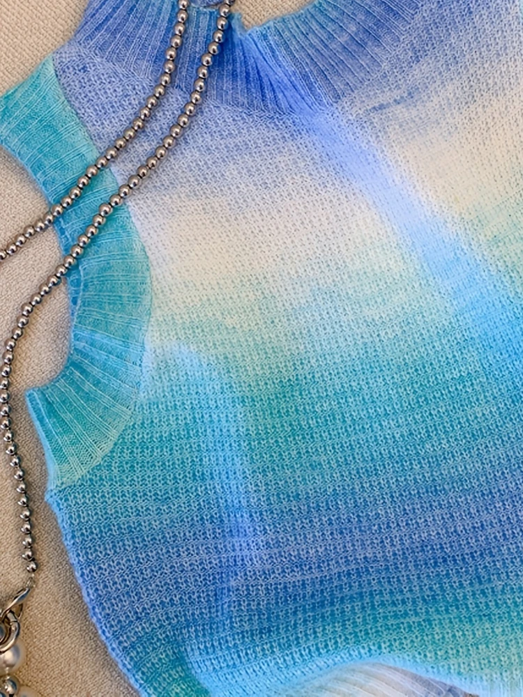 Thin Women\'s Tie Dye Backless Sweater Vest Sexy Sleeveless Top with Crew Neck for Fashionable Layering Mini Crop Top Outfits
