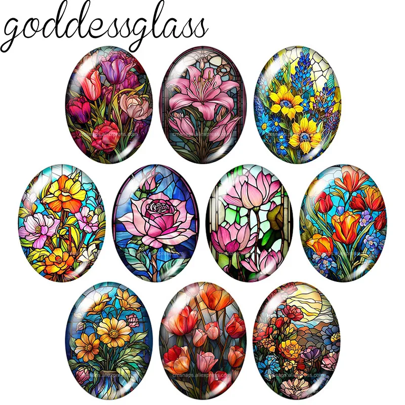 Beauty Vintage painting Flowers tulip 10pcs 13x18mm/18x25mm/30x40mm Oval photo glass cabochon demo flat back Making findings