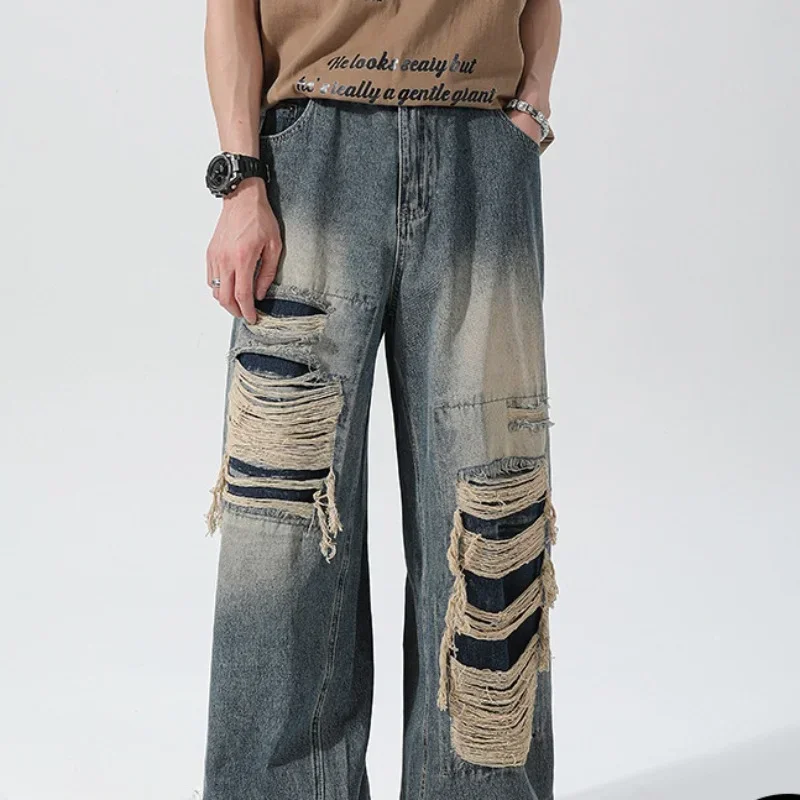 

Foufurieux American Retro Ripped Jeans Men's Loose Casual Wide-leg Mopping Pants Handsome High Street Long Pant Man Clothes