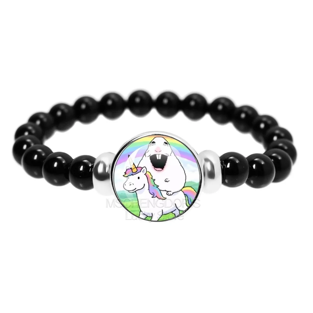 Hamster Meme Funny Glass Cabochon Beaded Bracelet Cartoon Animal Black Round Bead Elastic Bangle Jewelry Gift For Friends MS056