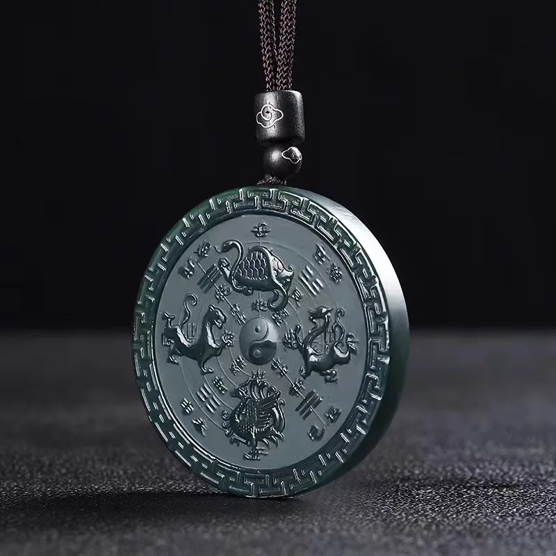 

Hetian Qingyu Pagoda Green Fine Material Four Divine Beasts Mountain Ghost Flower Jade Bagua Round Pendant Frosted