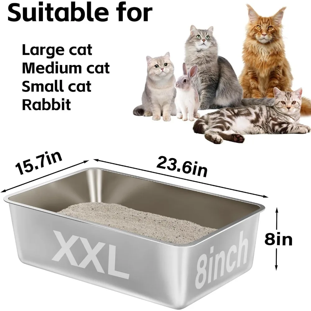NEU – Edelstahl-Katzentoilette, XXL-Metall-Katzentoilette für große Katzen, 20,3 cm tief, Katzentoilette mit hoher Seite, einfach