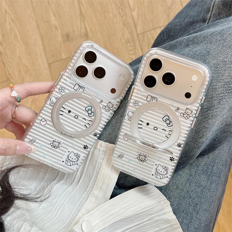 

Hello Kitty Phone Case with 360 Rotatable Stand for iPhone 14 15 16 17 Pro Max Clear Striped Shockproof Protective Cover