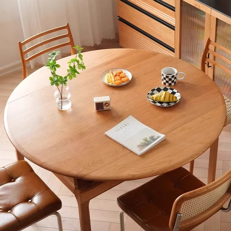 

Furniture Nordic cherry wood solid wood stretching dining table small apartment folding telescopic round table