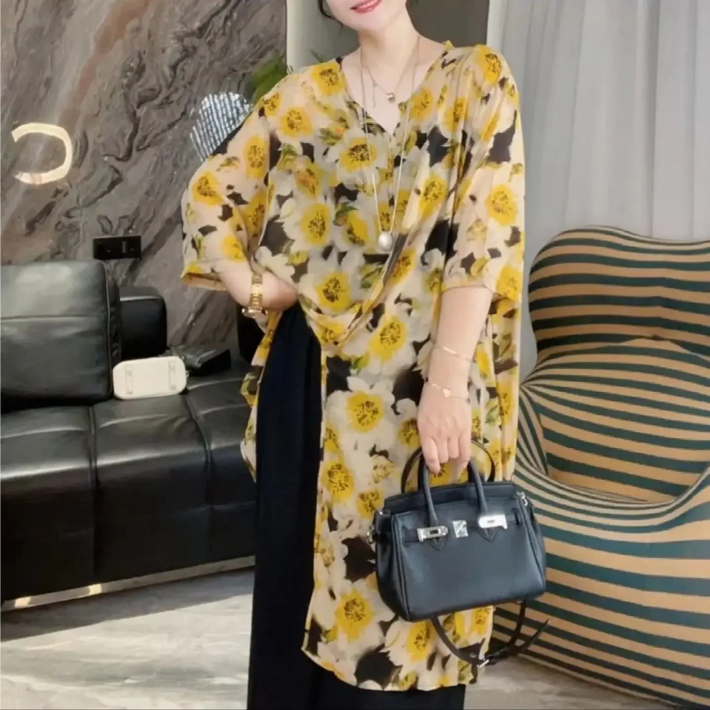 Camisa de gasa con estampado floral, estilo francés, manga larga holgada de verano