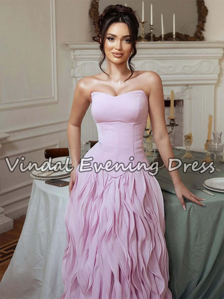 فستان حفلة موسيقية من Vindal باللون الوردي الكشكشة من الشيفون بدون حمالات على شكل حرف A فستان سهرة للنساء فستان حفل المشاهير مخصص #5