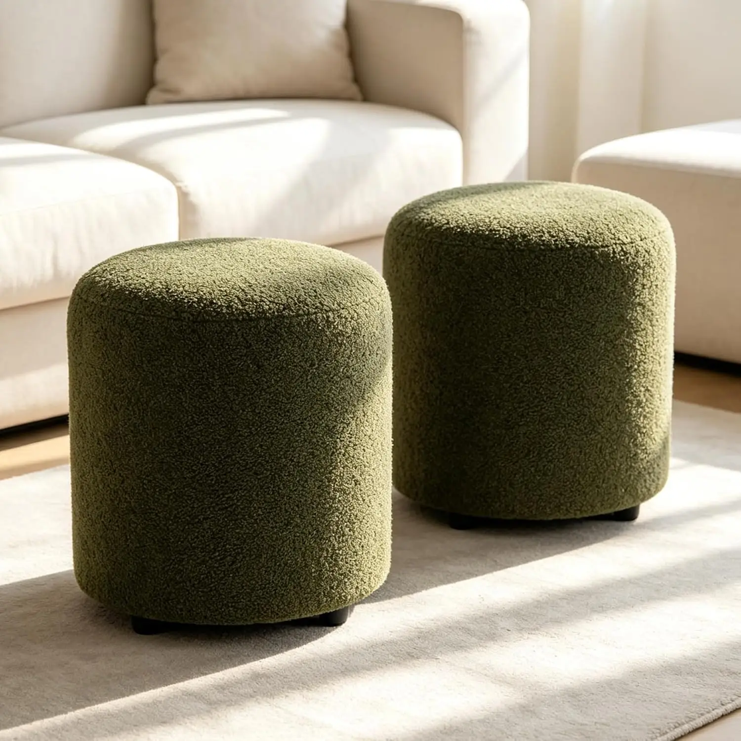 Round Teddy Fleece Ottoman Set of 2, Upholstered Vanity Footrest Stool for Makeup Bedroom Living Room, Dark Green, Customized