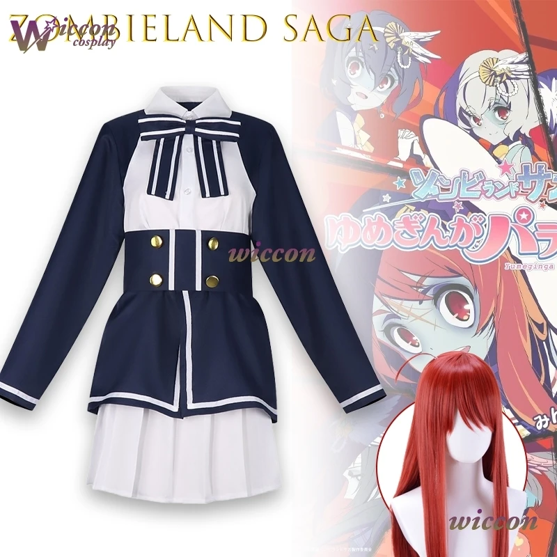 أنيمي الزي زومبي لاند ساغا هانا ساكورا زومبي أيدول أداء الهالوين تأثيري حلي شعر مستعار كامل لوليتا فستان زي مدرسي #1