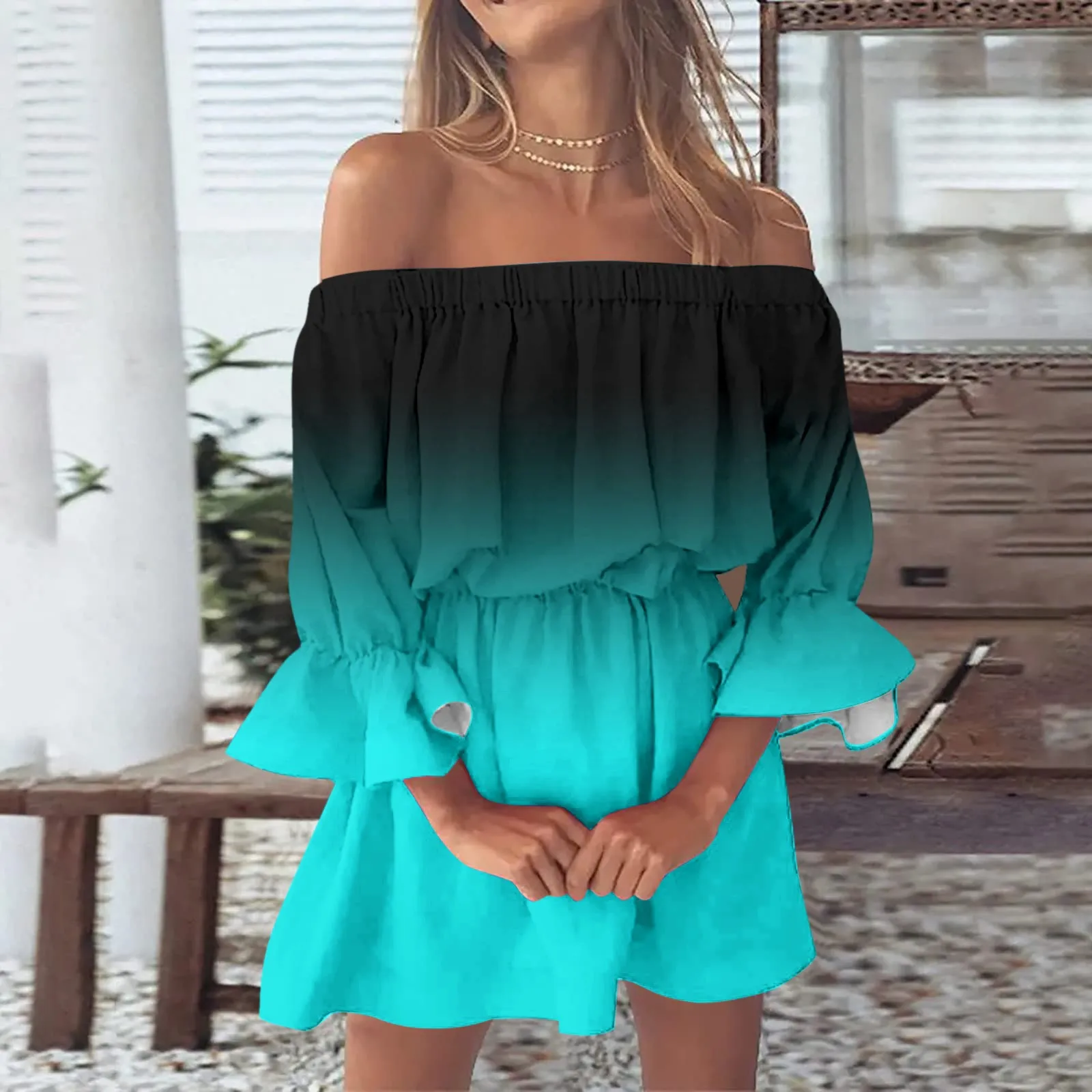 Damen Sommer sexy Boho Kleid Frauen verlieren schulter freie Rüschen Flare Ärmel lässig Strand kleider weibliche Blumen Mini kleid