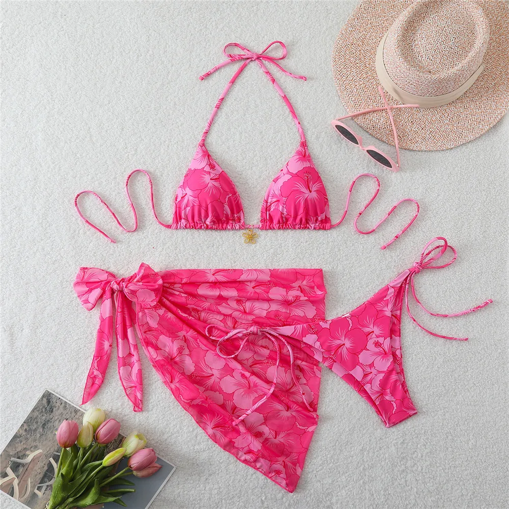 

Rose Red Flower Print Swimwear Halter String Triangle Bikinis Sets 3 Pieces Mesh Cover Ups Micro Thong Sexy Swimsuit Women 2026