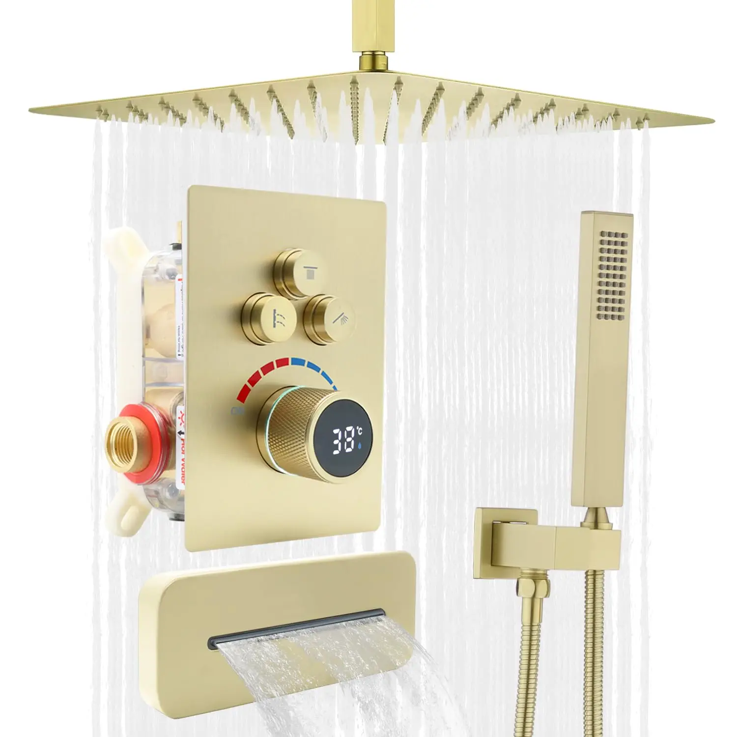 16 Inch Ceiling Mounted Concealed 3 Way Outlets Digital led Display Valve Brushed Gold Rain Shower System Set