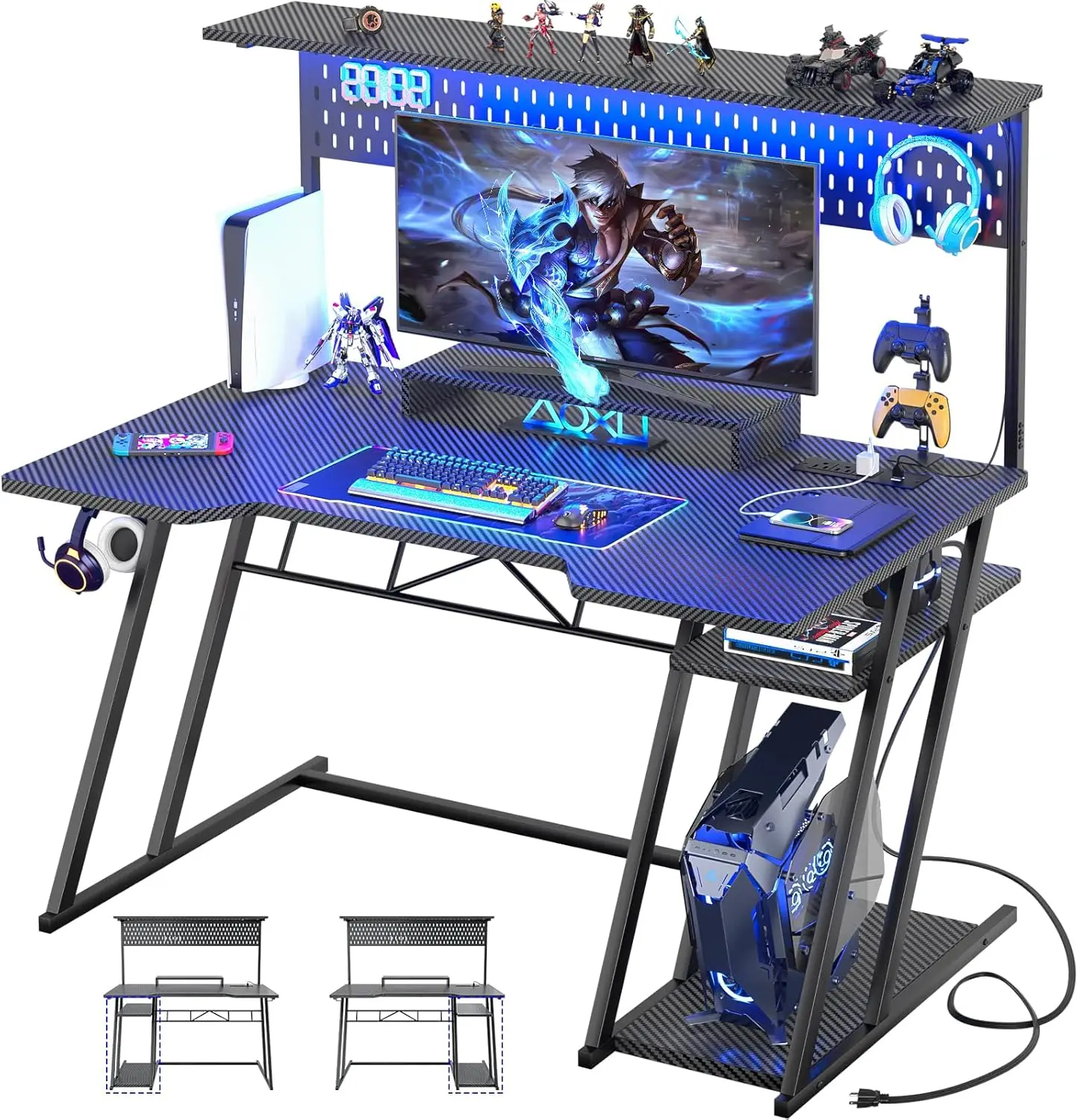 Computer Desk with Power Outlets, Gaming Desk with LED Lights, Reversible PC Gaming Desk with Pegboard, Carbon Fiber Black, 47