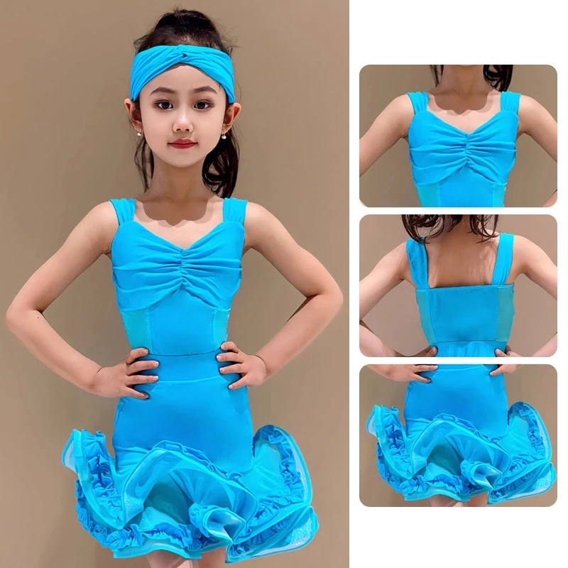 

Latin Dance Dress Blue Performance Outfit Girls Sleeveless Leotard Ruffle Skirt Rumba ChaCha Costumes Kids Latin Dance Suit 1933