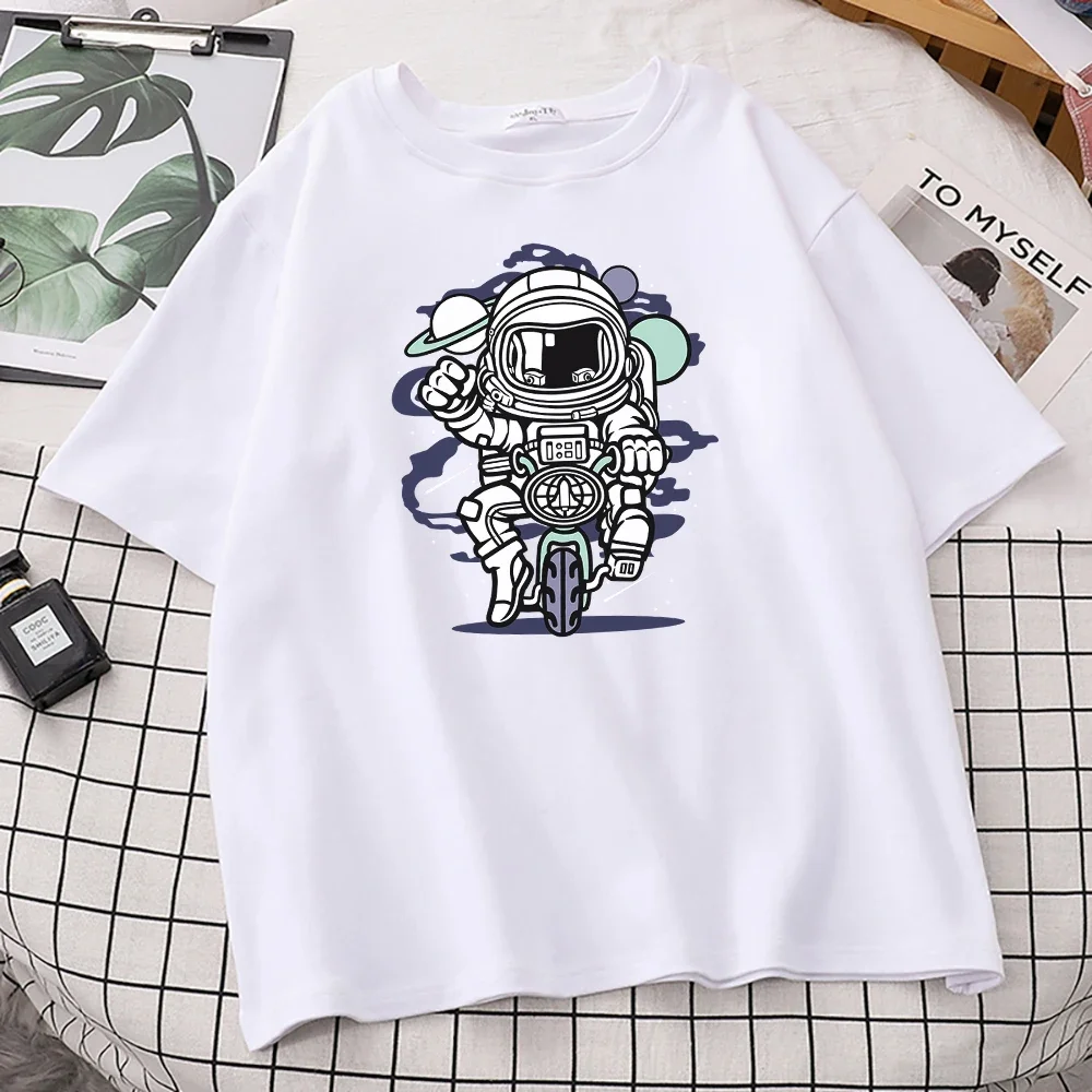 Print T Shirt Cycling Astronaut Space  Womens Loose Trip Streetwear Funny O-Neck Clothes Fashion Comfortable T-Shirt Women'S