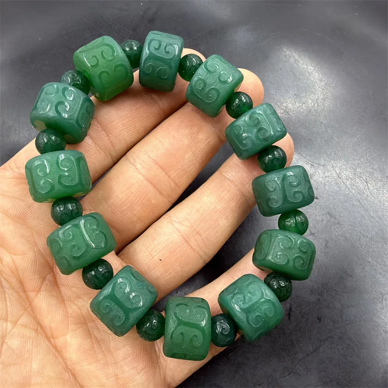 Green Agate Abacus Bead Bracelet with Carved Patterns 4