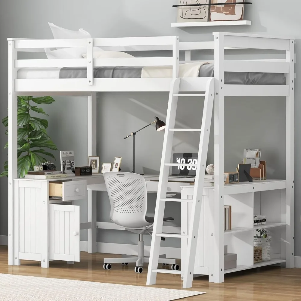 Full Size Loft Bed with U-Shaped Desk, Drawers and Storage Shelves, Solid Wood Loft Bed Frame for Kids Teens Adults, White