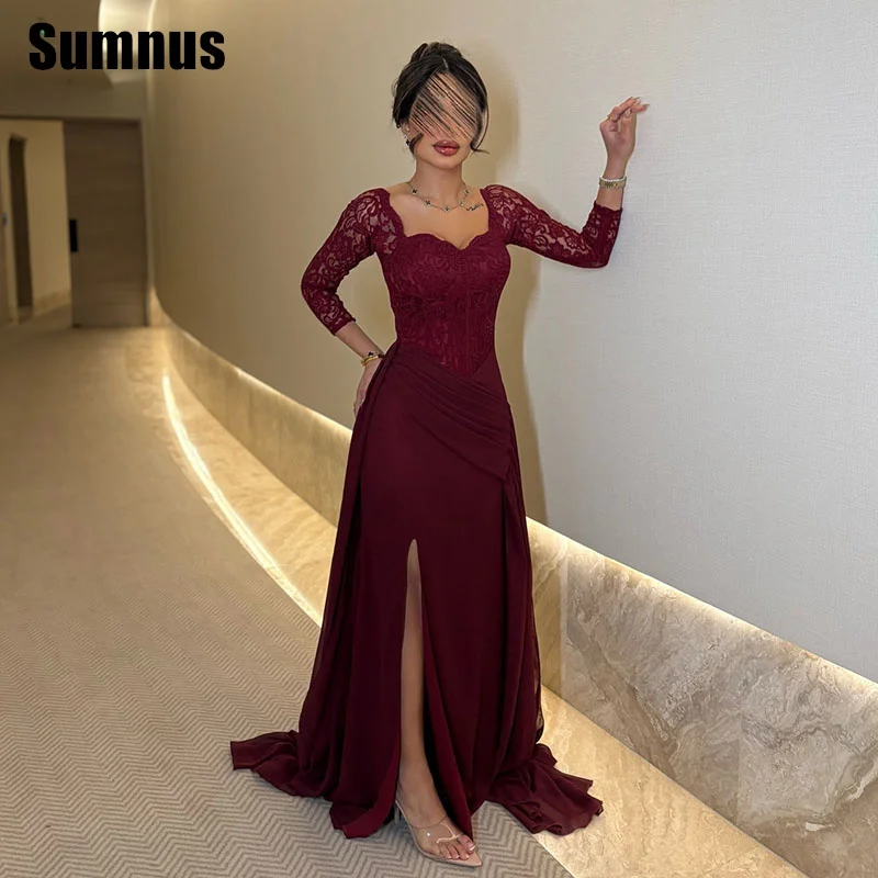 

SUMNUS Burgundy Formal Satin Evening Prom Gowns Mermaid Sweetheart Party Dresses Floor-Length Side Slit Dress Customized