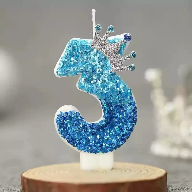 Blue Glitter Gradient Number Candles with Silver Crown, Birthday Cake Topper for Boys Party, Baby Shower & Kids Celebration