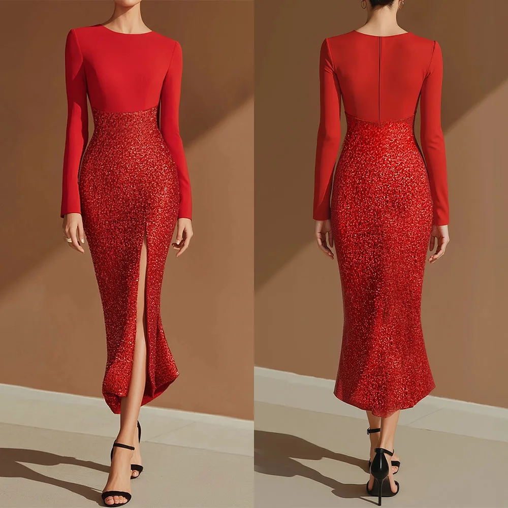 

Высокое качество по индивидуальному заказу с круглым вырезом, красная молния, высокая вилка, длинные рукава, чайная длина, Vestidos Elegantes Para Mujer, вечерние платья Abiti