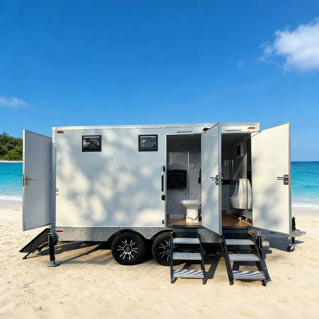 Towable Portable Bathroom for Events with Storage Cabinet And Wash Basin Mobile Restroom with Storage