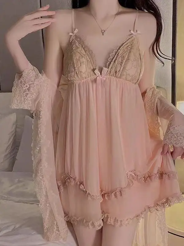 Women Sexy Suspenders Chest Cushions Pure Desire Style Lace V-neck Thin Style Mesh Sheer Dress Elegant High Waisted Sweet U0U8