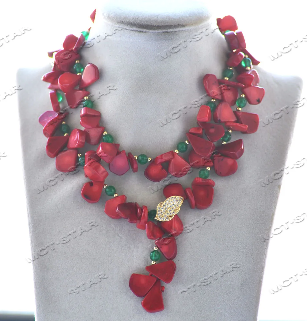 

Z12556 30" 16mm Red Melon-Seed Coral Green Jade bead Necklace CZ