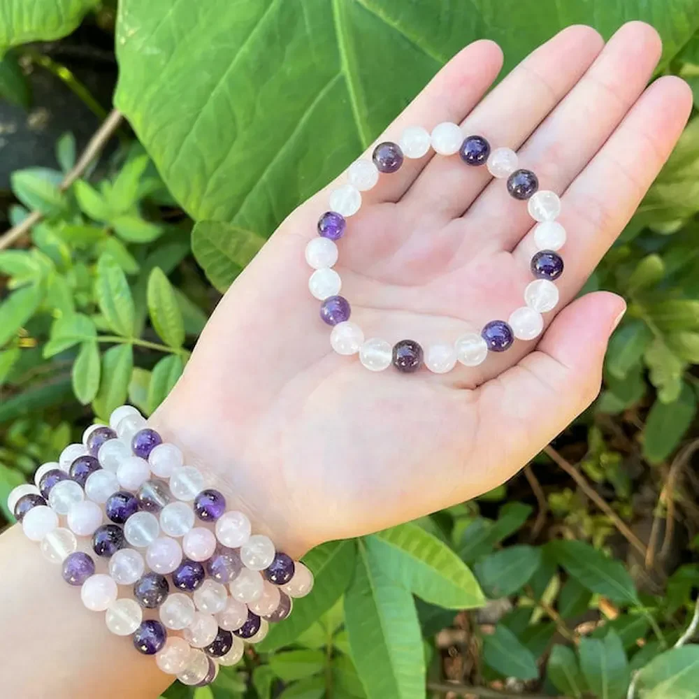 Crystal Healing Bracelet Amethyst Clear Quartz  Rose Quartz 8 mm Round Healing Crystals (Stretch Bracelet, Gemstone Bracelet)