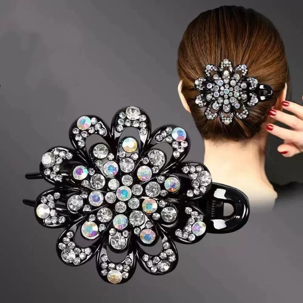 Korean Style Three-Prong Hair Claw Clip for Adults Elegant Rhinestone Flower Duckbill Hair Clip Anti-Slip Hair Grip for Flyaways
