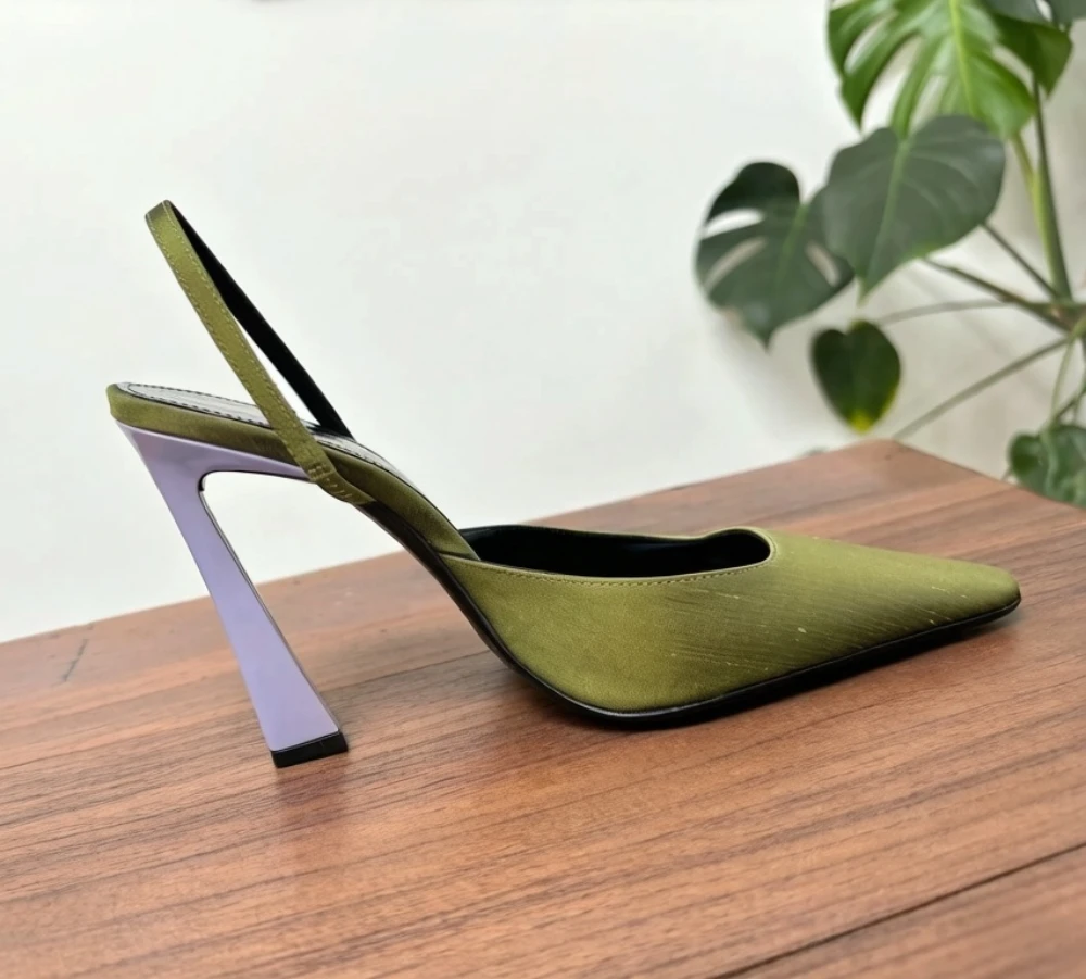 Summer New Lady Single Buckle Design Satin Slingback Shoes Green Pointed-Toe Stiletto Heels Color-Blocking Design High Heels