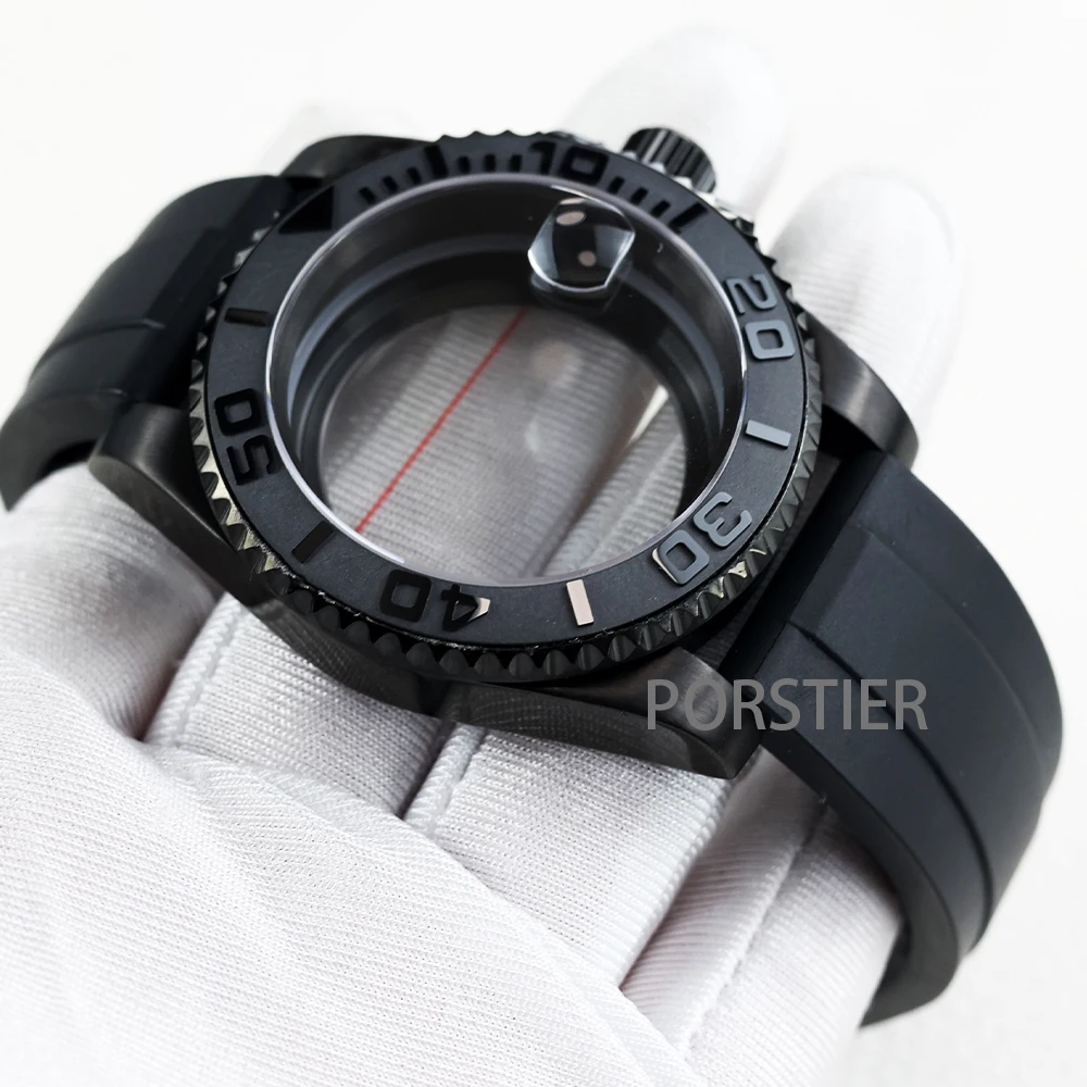 40mm Black PVD NH35 Watch Cases Rubber Strap Sapphire Glass For Seiko nh34 nh35 nh36 Movement 28.5mm Dial YACHT-MASTER Case