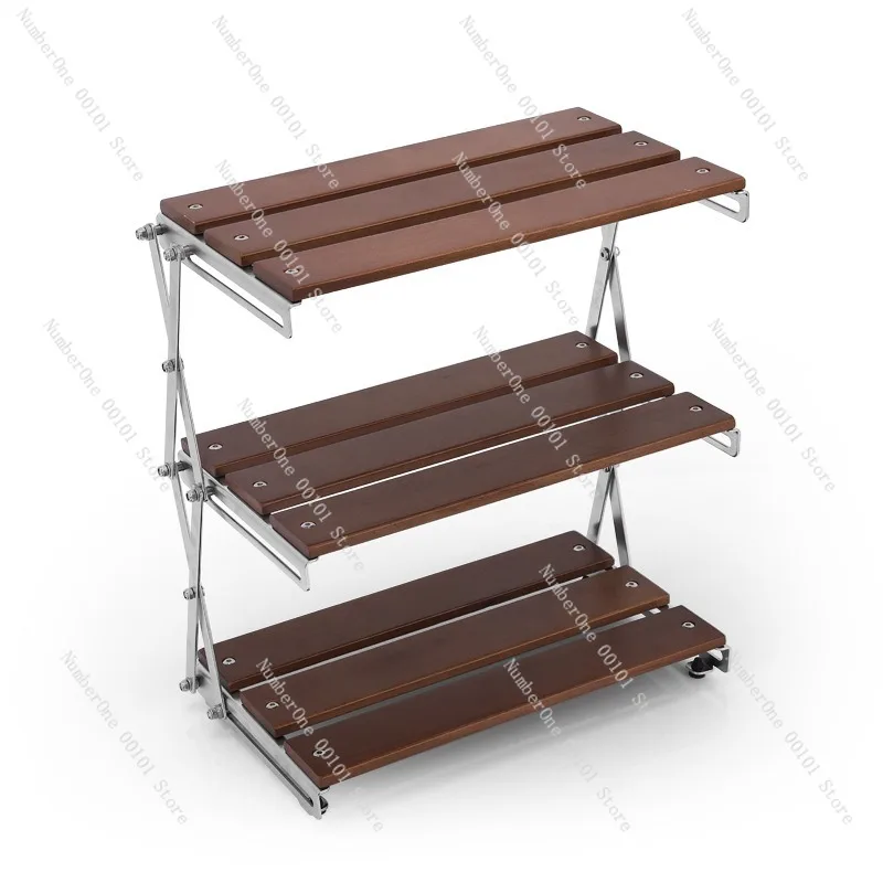 Outdoor Camping 3 Tier Storage Rack Solid Wood Foldable Portable Picnic Table Multi Layer Organizer Stand Multifunctional