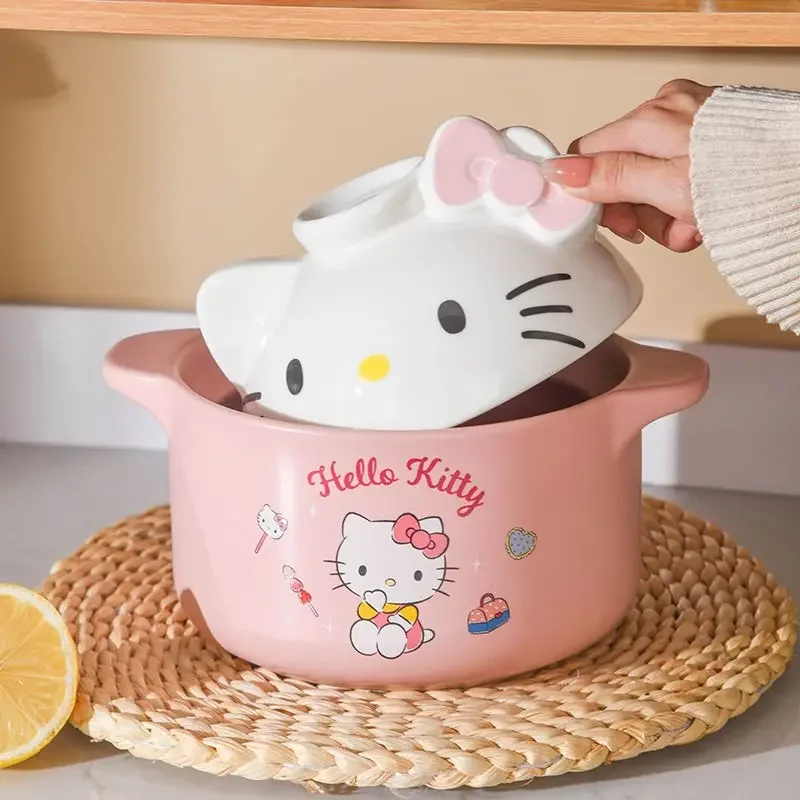 MINISO Hello Kitty ceramic pot Casserole kawaii with lid Good looks Anime figure Can open fire student Cartoon girlfriend gift