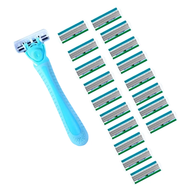~Durable Women Manual Razor 1 Handle+ 18 Blades- 6-Layer Stainless Steel Replacement Shaver Heads For Hair Removal Blue