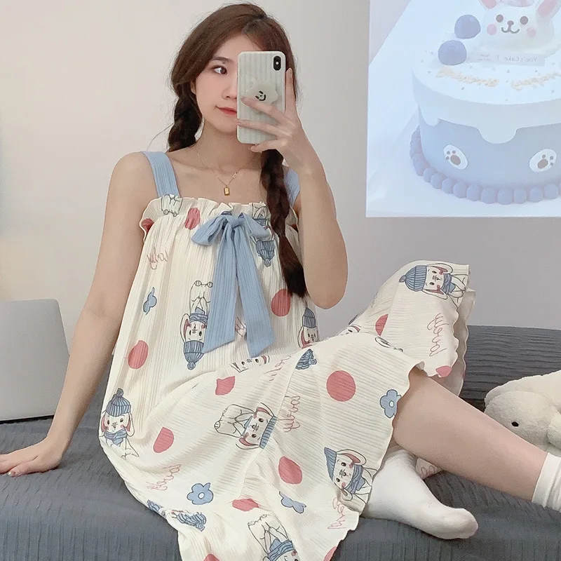 Summer Cotton Princess Sweet Sleepwear Dress Women Cute Bear Printing Sleeveless Sleep Thin Loose Cartoon Night Gown