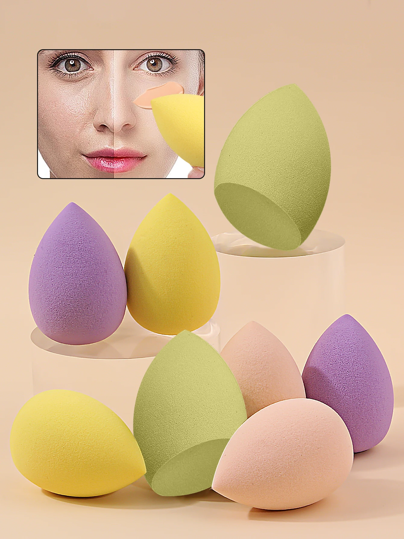 8 miękkich i sprężystych gąbek do makijażu, 4-kolorowe gąbki do makijażu, perełki do pudru do makijażu o kroju ukośnym/kroju łezki, naturalny i gładki makijaż
