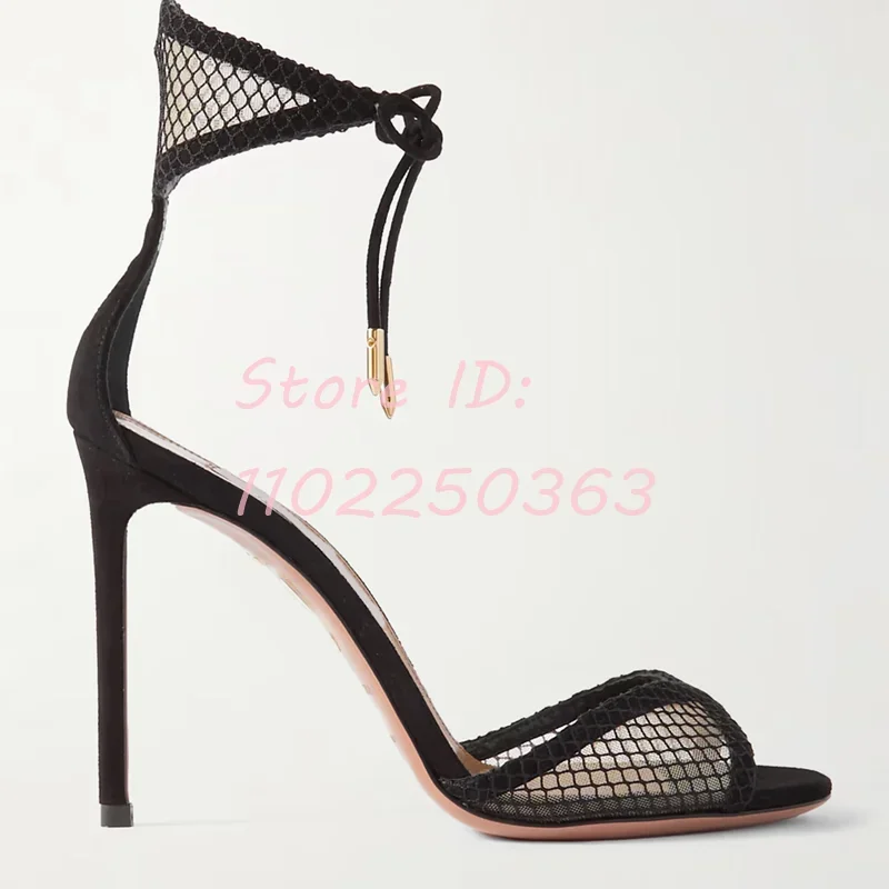 Solid Mesh Ankle Ties Stiletto Sandals Suede Round Toe Metal Decor Lace-up Thin Cover Heels Sandals 2024 Lady Elegant Shoes