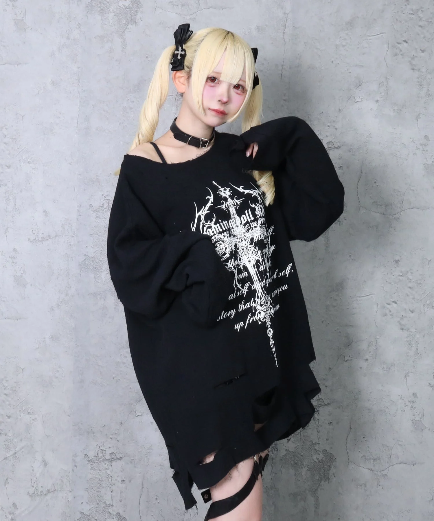 Japanese Subculture Dark Punk Cross Ripped T-shirt Girls Sweet Cool Print Loose Y2k Long-sleeved Top Spring and Autumn Mine Tops