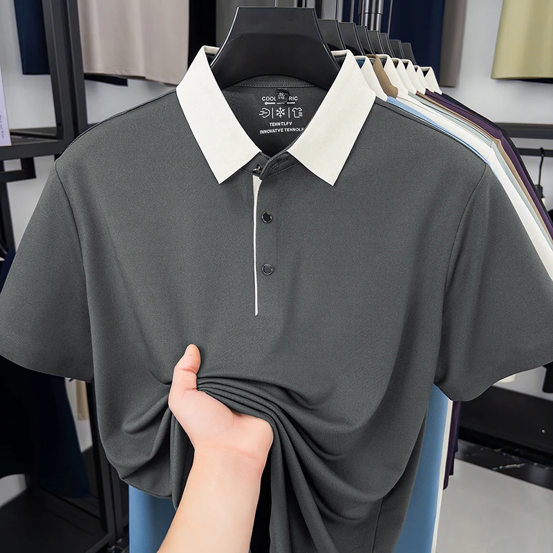 Herren-Poloshirt mit Farbblock-Kragen, schnelltrocknend, atmungsaktives Material, Kurzarm, Reverskragen, für Business und Freizeit. – Detail 3
