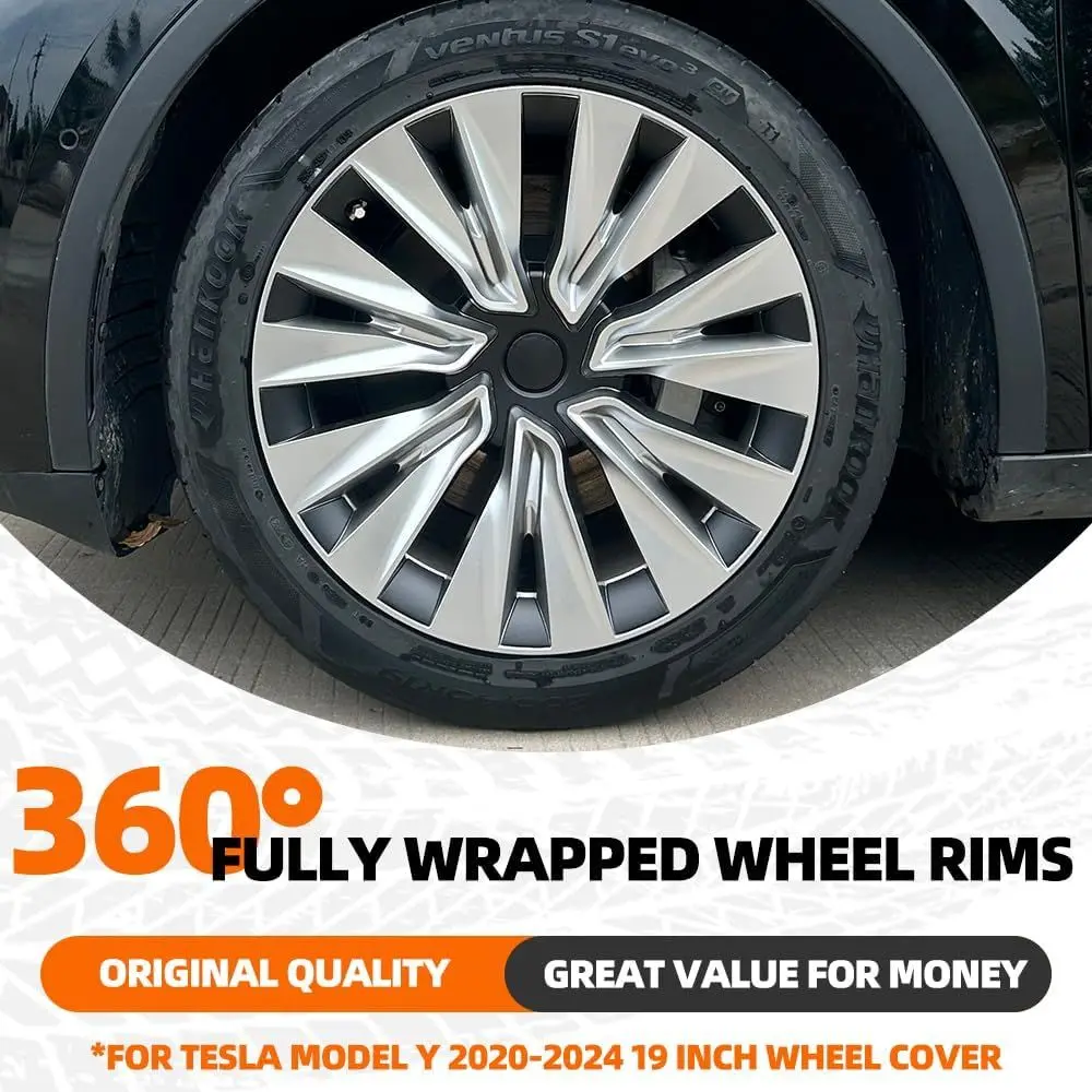 Fits Tesla Model Y 19-Inch Wheel Hub Cover Wheel Covers, 4 Covers Per Pack, Silver, Made of Sturdy PC ABS Material for 2020-2024
